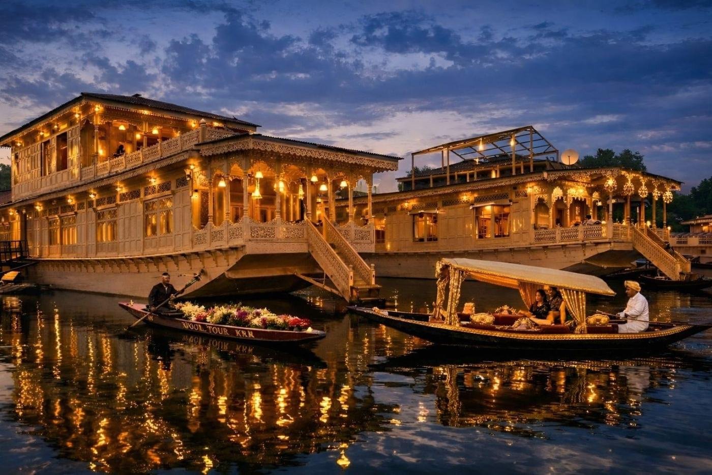 Houseboat at night dal lake — Kashmir Deluxe & Houseboat