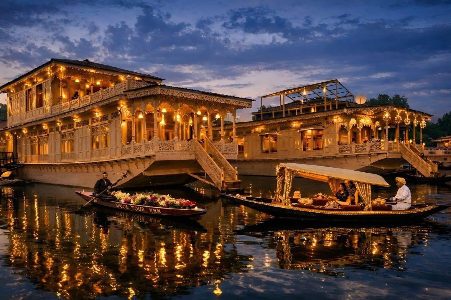 Houseboat lit up at dusk on Dal Lake, Srinagar