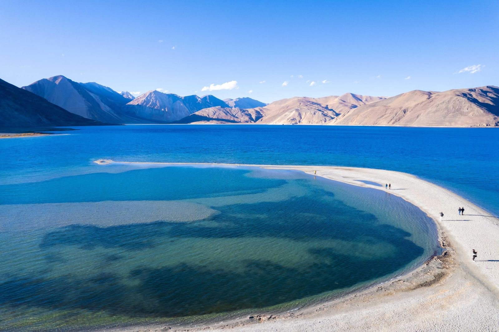 Turquoise shoreline of Pangong Lake from above