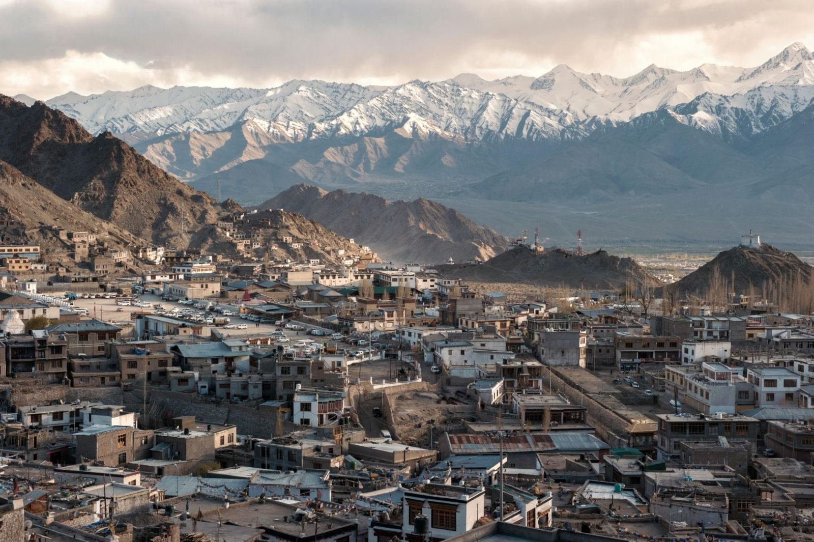 Leh town with the snow-covered Stok range behind