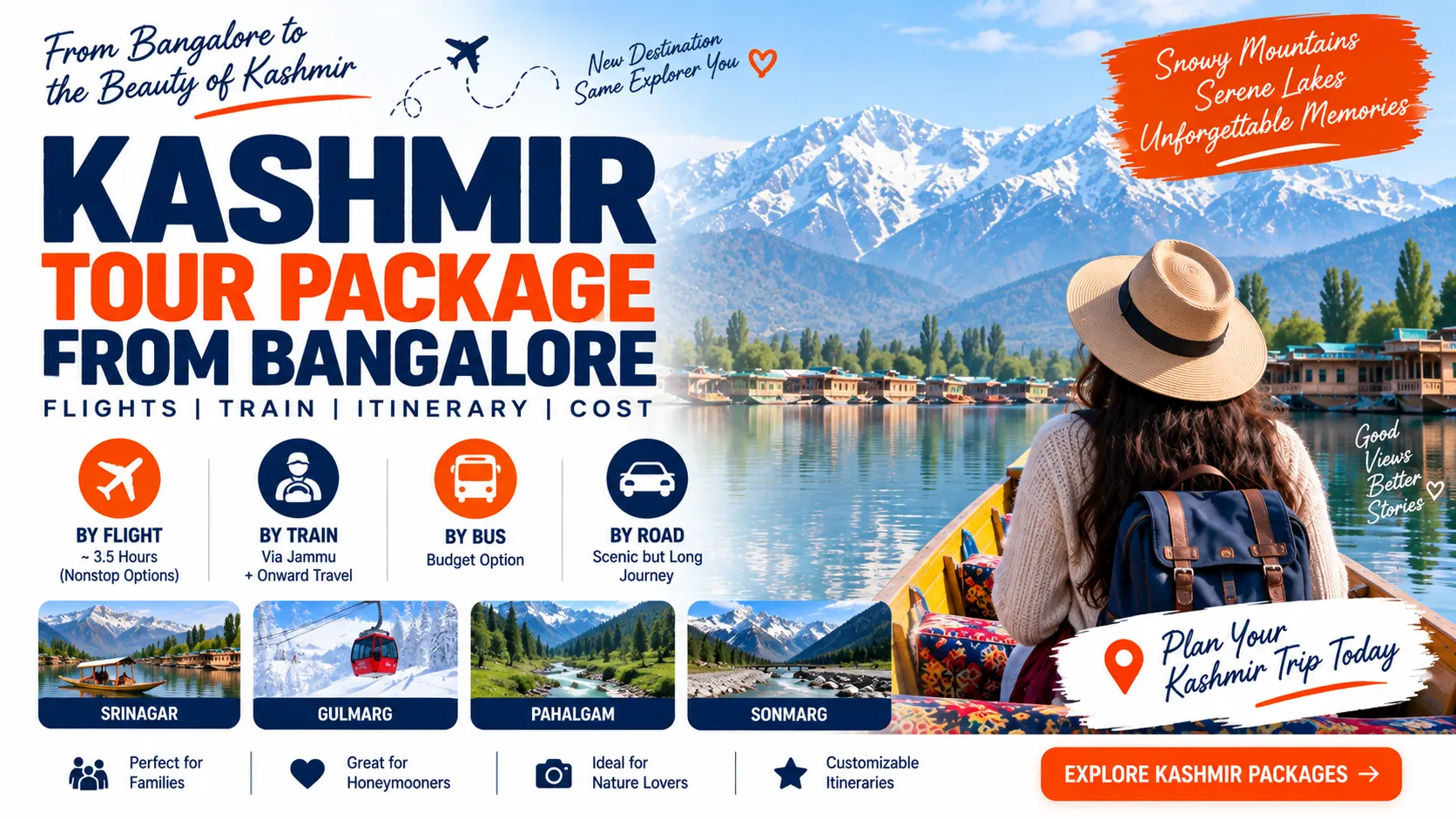 Kashmir Tour Package from Bangalore: Flights, Train, Itinerary & Cost